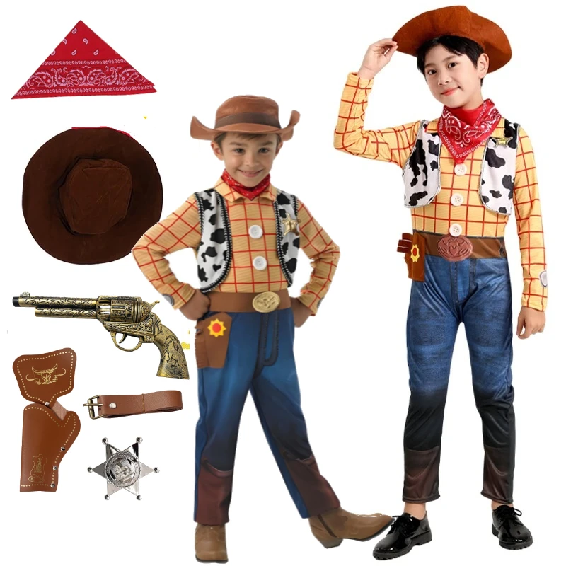 

Toy Anime Denim Costumes Anime Character Costumes Bodysuit Cowboy Suit Model Pistol Woody Halloween Party Cosplay Prop