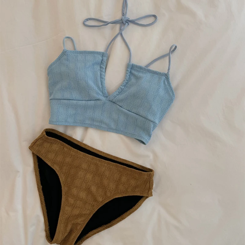 2025 الكورية قطعتين بيكيني المرأة Ins نمط ملابس السباحة الصلبة عودة ضمادة 2025 ملابس السباحة انقسام الرقبة التخسيس Biquini لباس سباحة #6