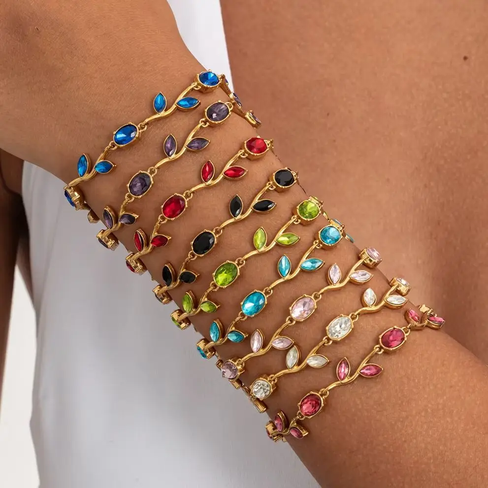 PuRui Retro Colorful Rhinestones Leaves Chain Bracelets for Women Waterproof Stacked 18K Gold Plated Stainless Steel Bracelet
