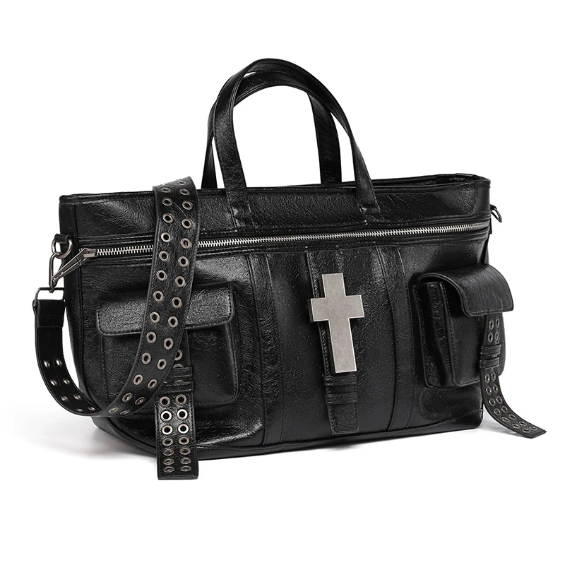 Vintage Distressed Tote Bag mit Kreuznieten, Große Unisex Umhängetasche, Reißverschluss-Handtasche aus Cracked PU für Damen