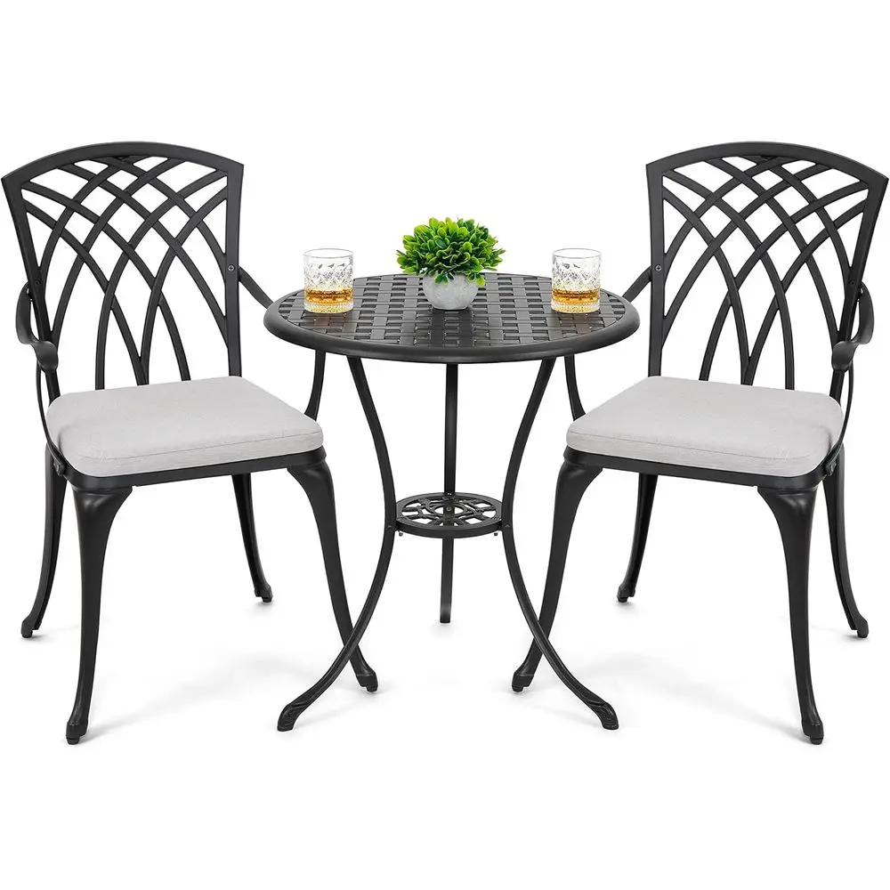 

3-Piece Outdoor Cast Aluminum Patio Bistro Set with Table, 2 Chairs, Umbrella Hole, Gray Cushions, Black