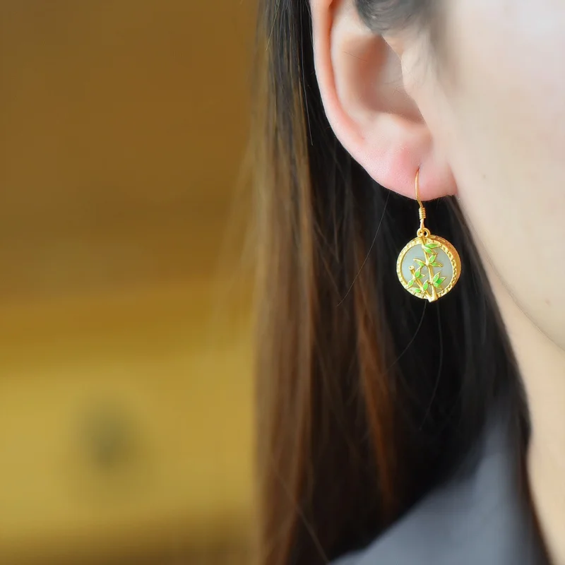 With Certificate Ancient Style Jade Earrings Cheongsam Hanfu 925 Silver Gold Plated Bamboo Joint Cold Enamel Inlaid Hetian Jade