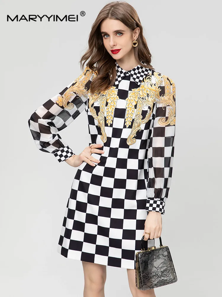 

MARYYIMEI Spring Summer Fashion Women's dress Turn-down Collar Long sleeved Plaid Print Dresses