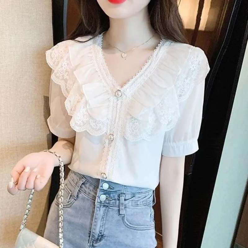 Simplicity Commute Summer New Women\'s Solid Sweet Spliced Lace Ruffles Button Shirts Loose V-neck Short Sleeve Chiffon Blouses