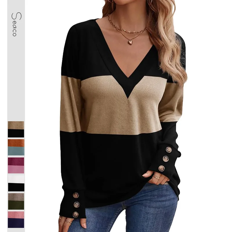 

Women's Color Contrast Women Long Sleeve T-shirt Women Button-down Casual V-neck Blouse Women