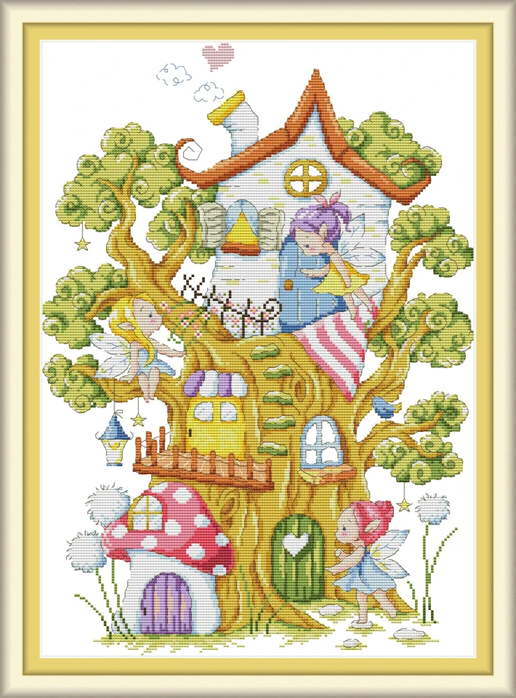 

Полный набор для вышивки крестиком, набор с изображением дерева и эльфов, отпечатанная ткань, вышивка DMC, домашний декор