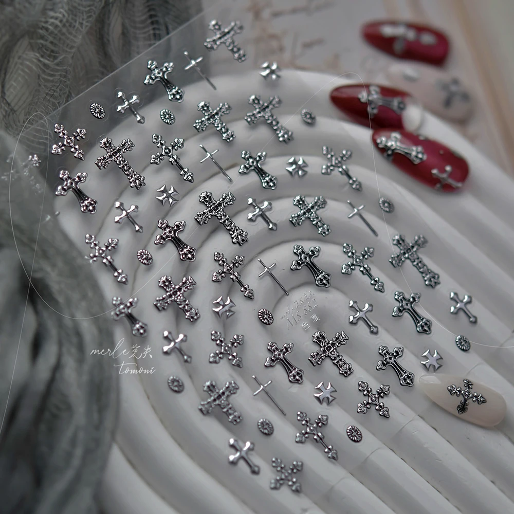 Retro Silver Cross Nail Sticker for Manicure DIY Charms Dark Retro High-end Cross Sticker Decals 5D  Metal Colores Slider Stick