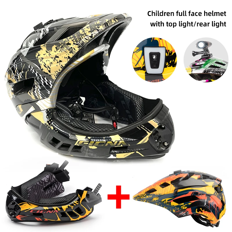 Cycling Full Face Kids Helmet with Warning Taillight Mountain Racing Bike Helmet with Top Bracket Thickened Face Pad Protection