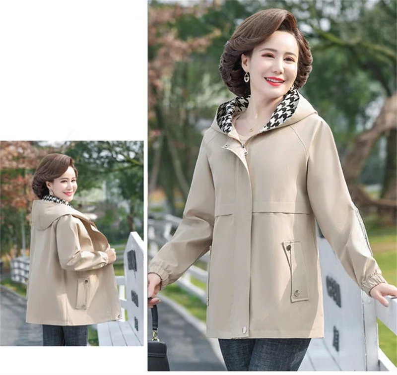 New Middle-aged Elderly Women Jacket Spring Hooded Zipper Overcoat Autumn Coats Outerwear Mother Clothes Female Windbreakers 5XL