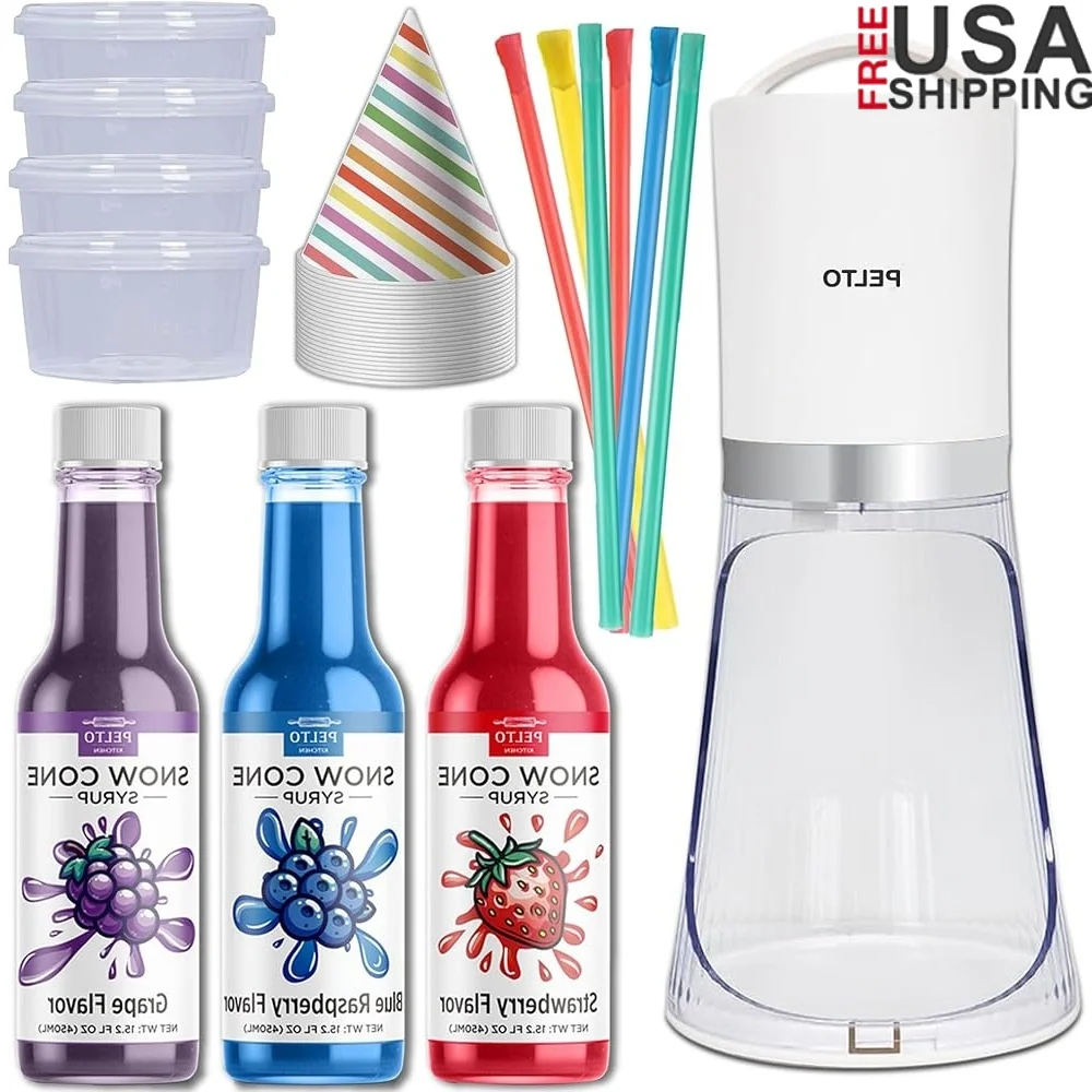 

Electric Snow Cone Maker Set with 3 Flavors 25 Cups 25 Straws 4 Ice Trays Ideal Parties and Fun