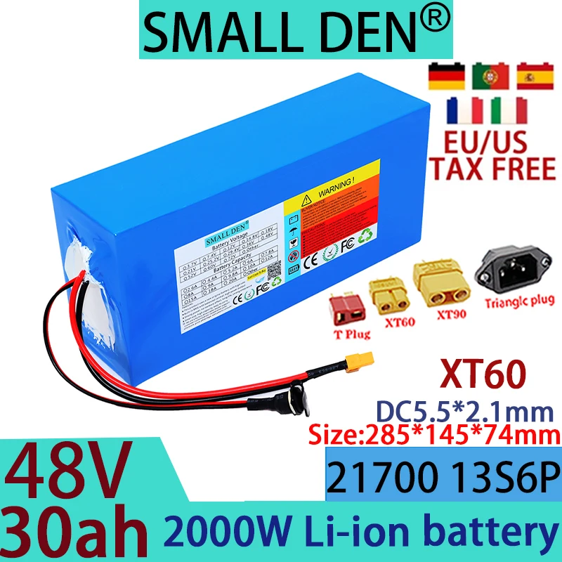 New 48V 30ah lithium-ion battery pack 21700 13S6P, suitable for 2000W motors, with built-in BMS rechargeable battery, tax-free