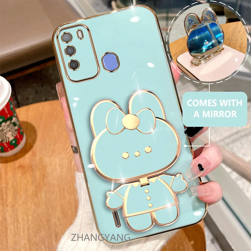 Case For itel Vision 1 Pro Electroplated straight edge silicone phone case cute 3D rabbit with built-in mirror for anti drop