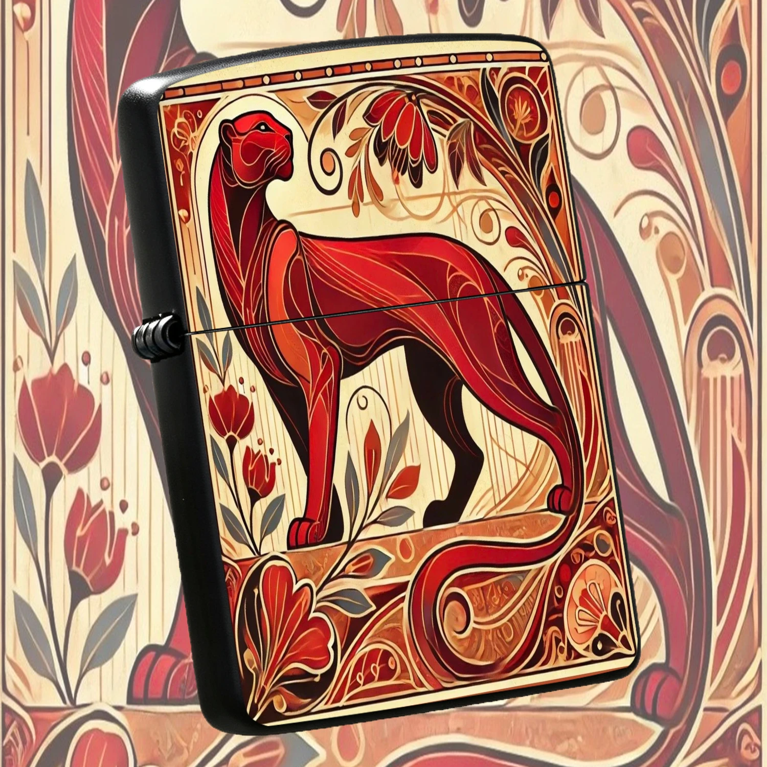 Vintage Art Nouveau Red Panther Pattern Lighter, Retro Decorative Art Style Cheetah Print PORTABLE Windproof Lighters, Unique Creative Collectible Gift for Smokers, Outdoor Camping Daily Use Elegant Ornament Present A Fun and Humorous Lig