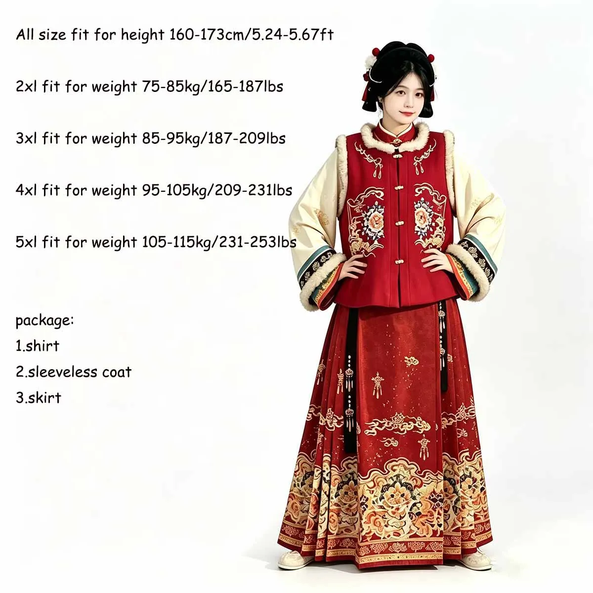 Plus Size Ming Style Hanfu Set for Women Fleece Trim Sleeveless Bijia Vest+Shirt+Skirt Chinese Traditional Winter Hanfu Costume