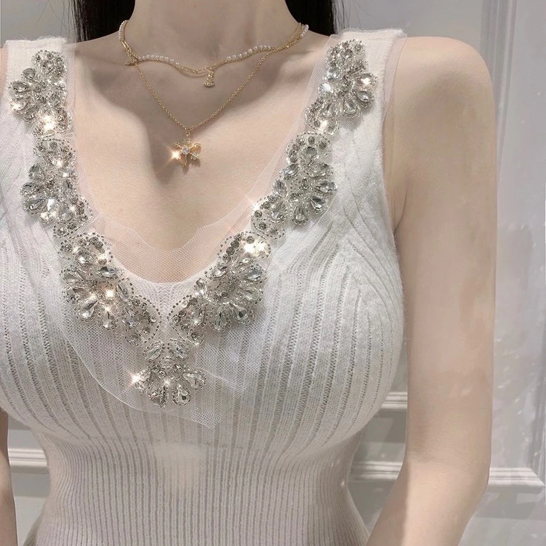 Dongda Gate New Style Women\'s Knitted Diamond Embellished V-Neck Slim Fit Tank Top Sexy Show Body Commute Style Polyester Blend