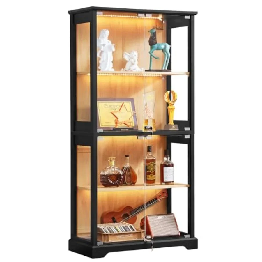 Farmhouse Glass Display Cabinet with Lock for living room, tempered glass and wood, white, secure locking mechanism
