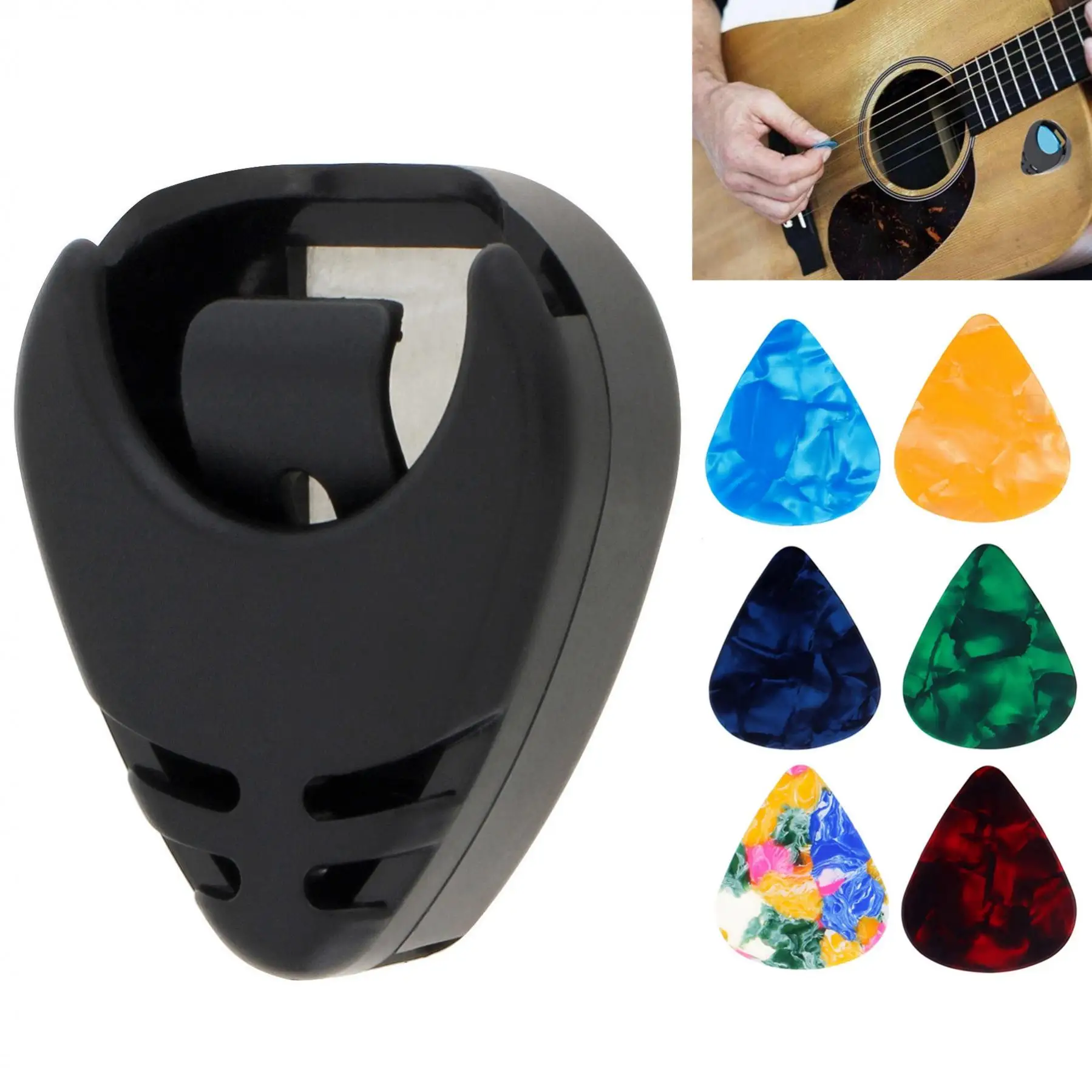 Plastic Guitar Pick Holder 6 Picks for Acoustic Guitar Ukulele with Adhesive Back, 0.46mm, 0.71mm, 0.96mm Celluloid Picks Set