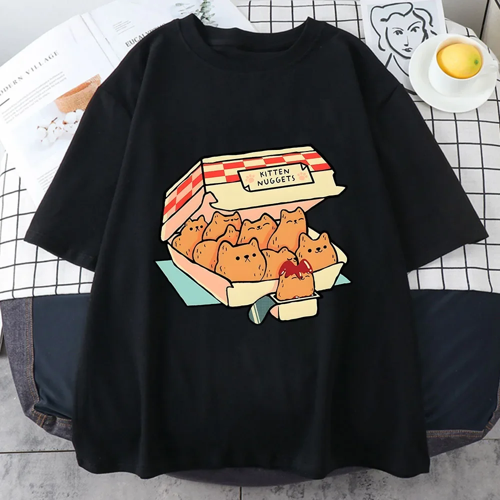 Kitten Nuggets Happy Women's T-shirt Kawaii Cute High Street T-shirts Cat Biscuits Dipping Sauce Short Sleeve Women's Clothing