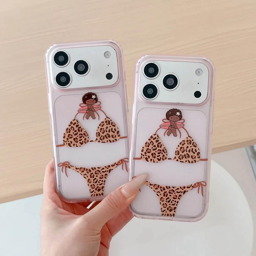 Cute Cartoon Leopard Print Bikini Phone Case For iPhone 17 16 15 ProMax Transparent Pink Border Soft Shockproof Protective Cover
