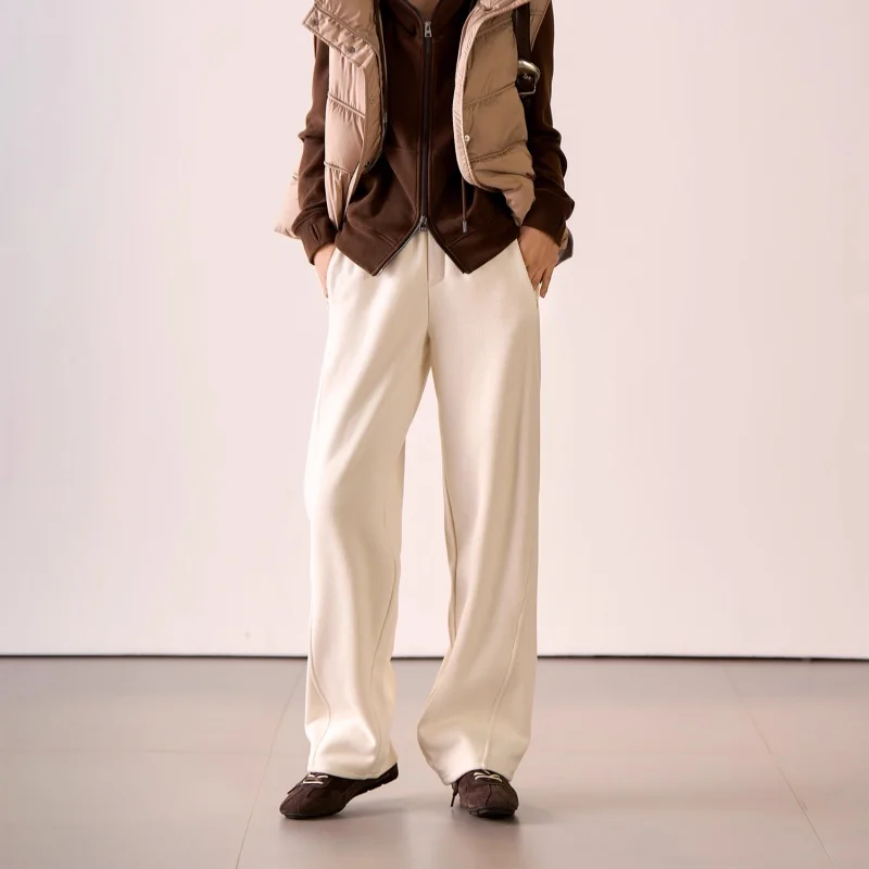 Pantaloni dritti in misto lana Birdtree, pantaloni solidi da donna, con tasche, vita elastica, pantaloni casual autunno inverno 2025 P5N817JF