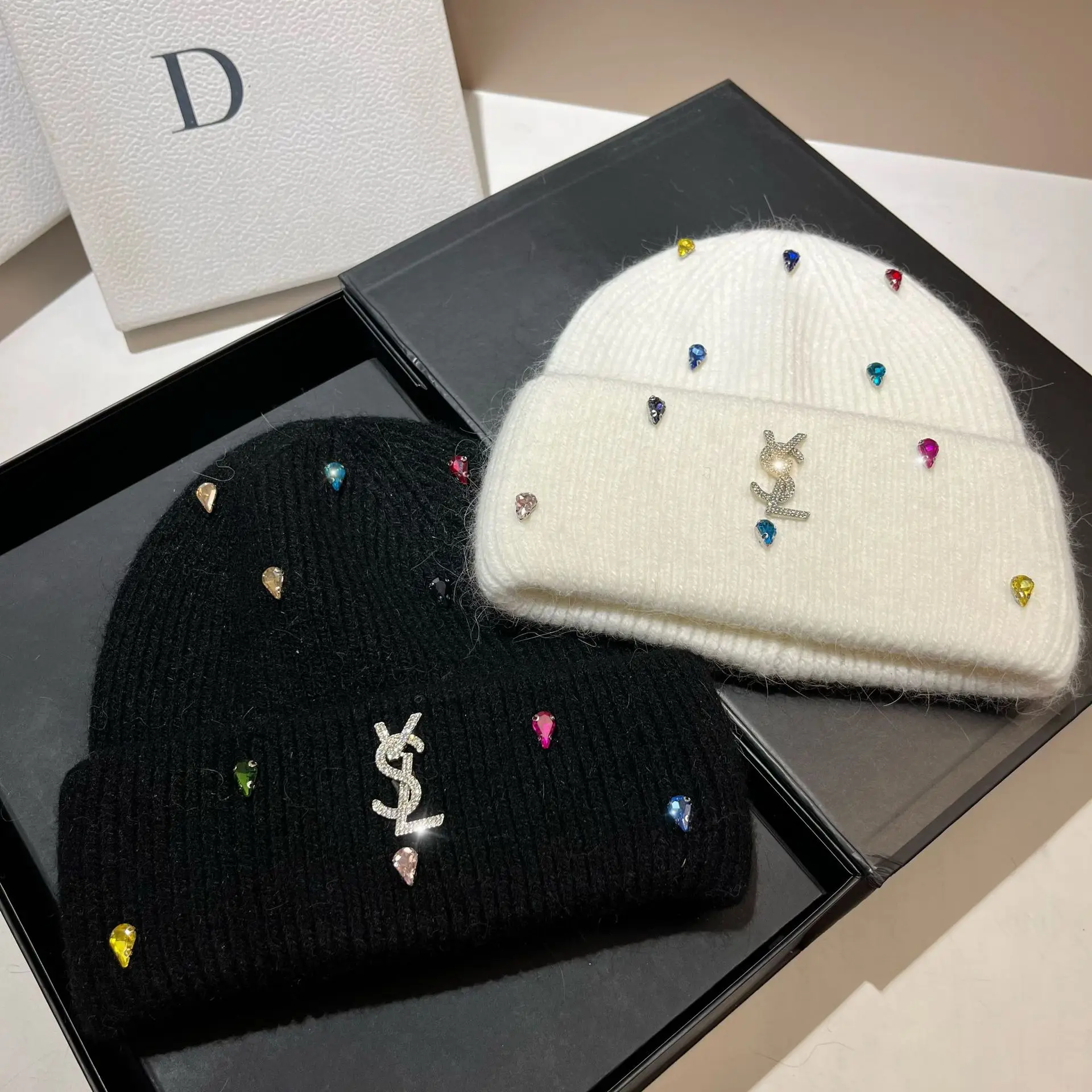 

Iridescent Rhinestone Beanie Women's Winter Glitter Knit Hat with Faux Fur Ear Flaps Unique Design Sparkle Crochet Cap