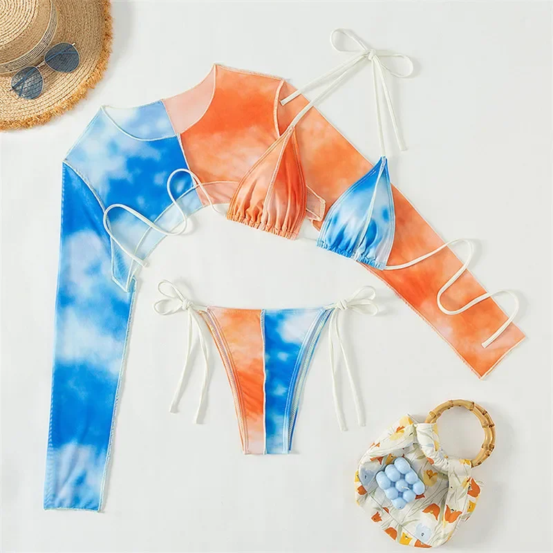 

Tie Dye Print Micro Thong 3 Piece Bikini Set 2025 Sexy Swimsuit Cover Ups Women Patchwork Swimwear String Halter Triangle Bikini