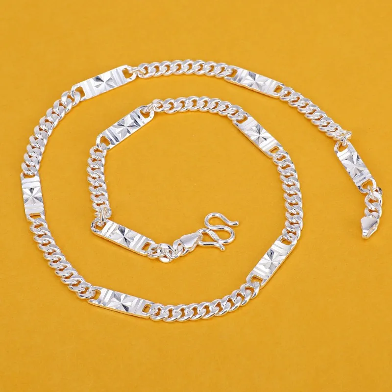 

990 Pure Silver Necklace For Women Men Carved Rectangle Curb Cuban Link Chain 50/55/60cm Length