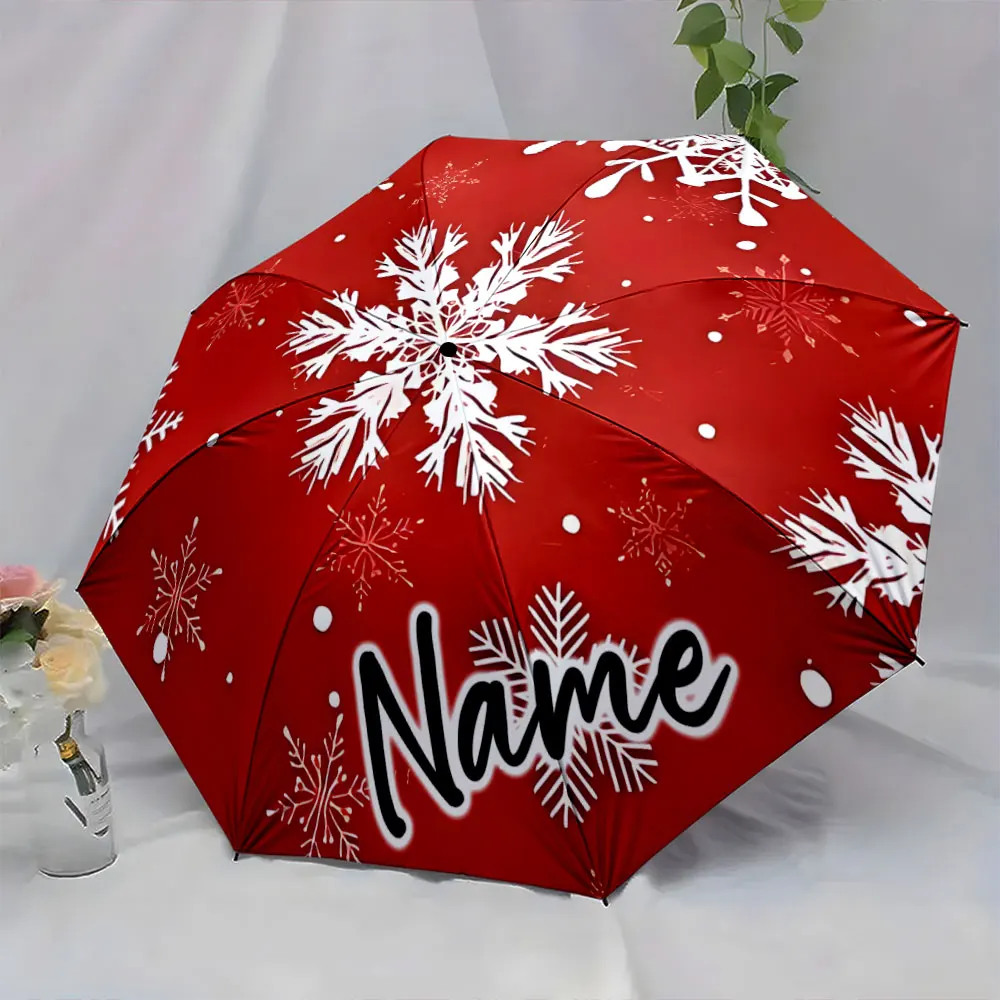 Custom Name  Snowflake-Patterned Red Umbrella for Winter Style Print 8 Iron Ribs Folding Umbrella Auto-Open Fashion Sunshade