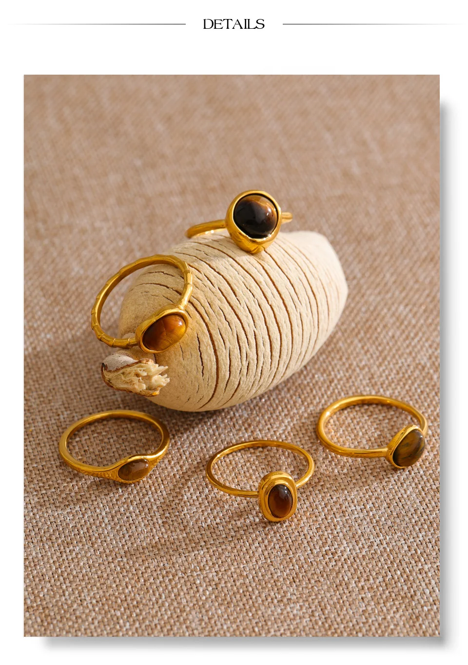 Yhpup Größe 7 Edelstahl-Ring mit natürlichem Tigerauge-Stein, 18K Goldfarben PVD-beschichtet, wasserdicht, dünn, schick, modischer Fingerschmuck – Detail 5