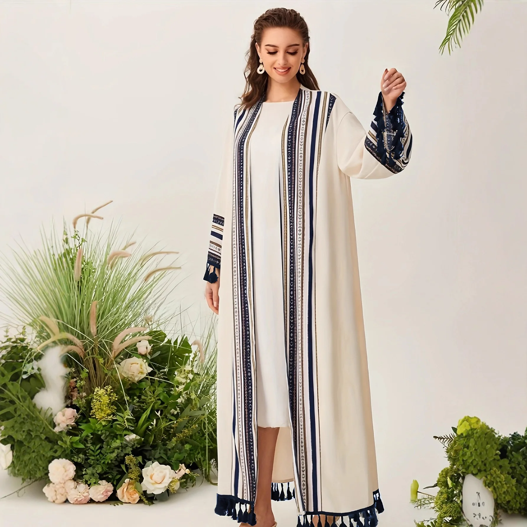 Eid Women Tassel Abaya Striped Cardigan Muslim Long Robe Morocco Dubai Kaftan Jalabiya Ramadan Vestidos Largos Party Caftan Arab