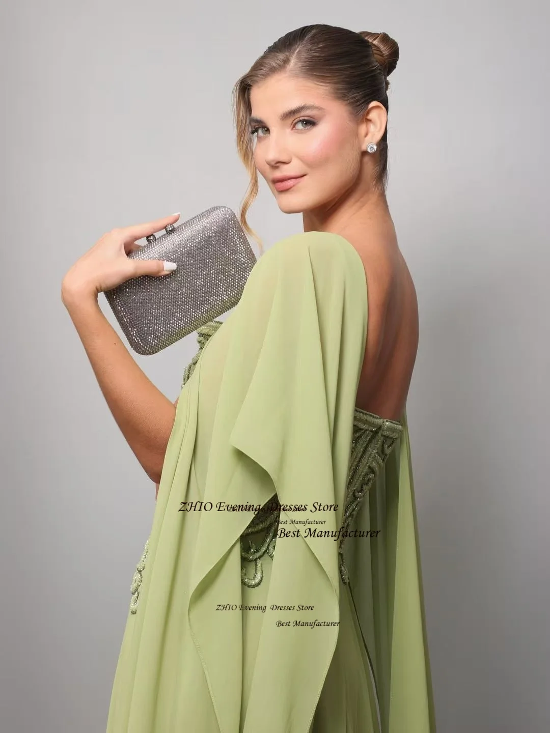 ZHIO ثوب مسائي شيفون أخضر مع شال مطرز طيات على شكل حرف A بياقة مربعة فستان الحفلات سويب تراين فستان حفلات مخصص