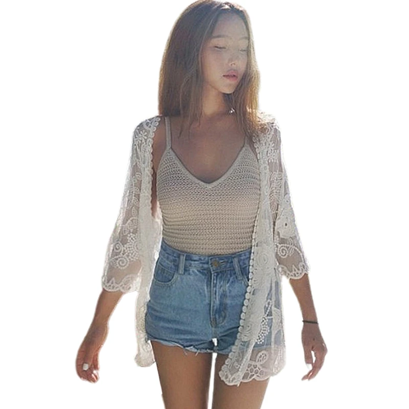 Women Summer Lace Open Front Kimono Cardigan Crochet Floral Leaves Pattern Sheer Mesh Swimsuit Cover Up See Through Beach Blouse