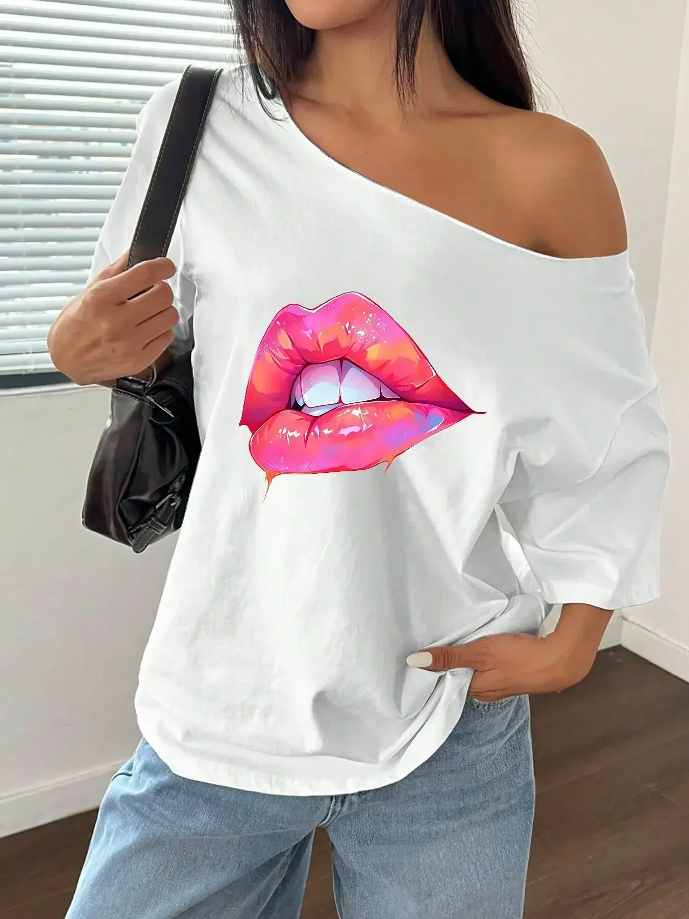 100% Cotton Plus Size Neon Pink Lips Print Shoulder Loose Print T-Shirt Oversized Y2K Style Graphic Tees Women Tops Summer Of