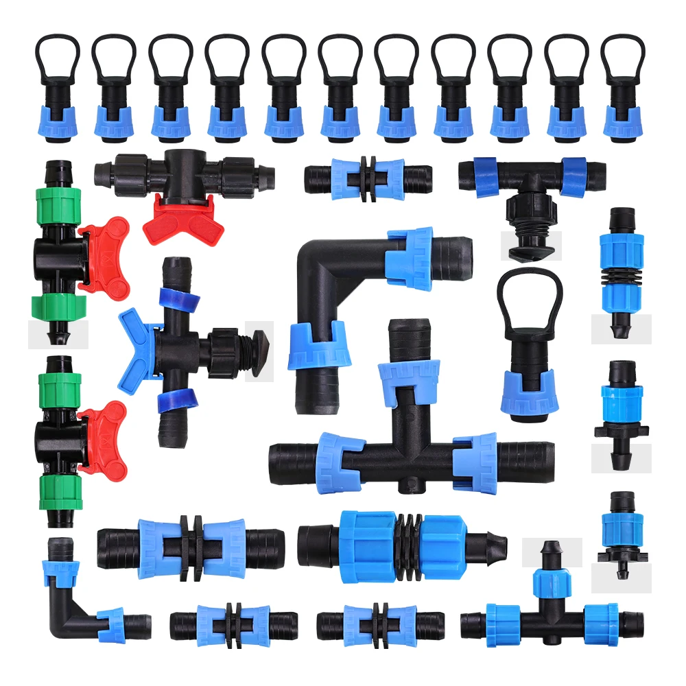 16MM taśma kroplująca złącze wody rura ogrodowa łącznik adapter blokada nawadnianie kropelkowe złączki do węży odciąć kolanko równe Tee Barb złącza