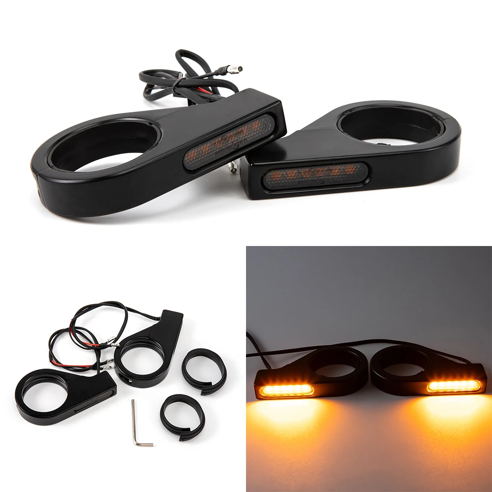 

2x Motorcycle Front 6 LED Amber Turn Signal Light 41mm Fork Tubes Indicators Lamp For Harley Bobber Chopper