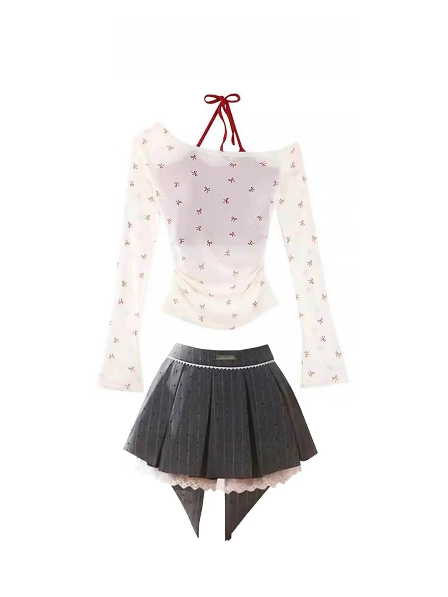 

Sexy Slim Fit Half Skirt Two Piece Set Women's Spring Summer Thin Pure Desire Shoulder T-Shirt with Pleated Skirt