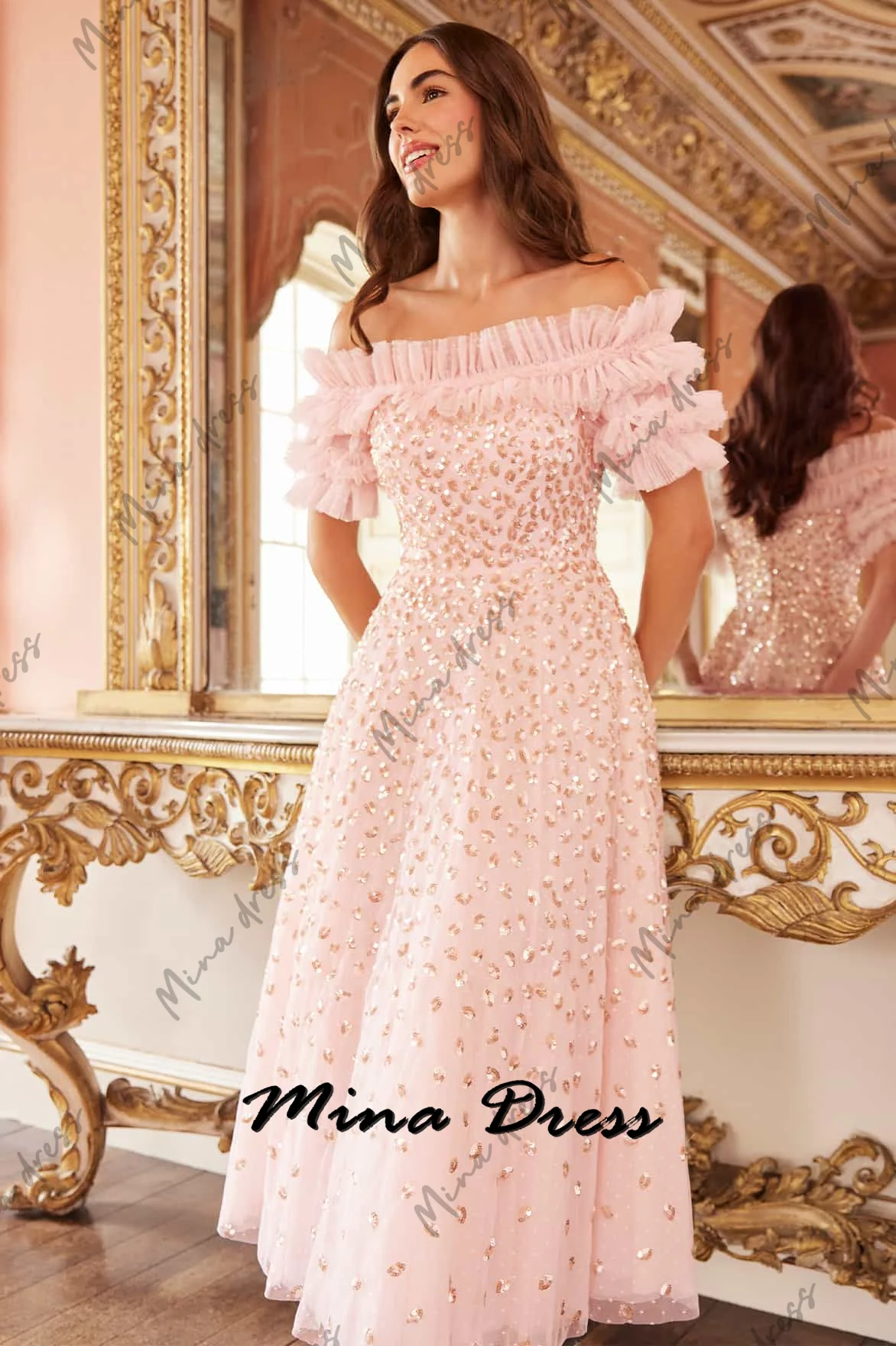 Mina personalizzato Paillettes Abiti da sera Donna Elegante Party 2024 Grace Abito formale Chiffon Off-the-spalla Maniche corte Prom