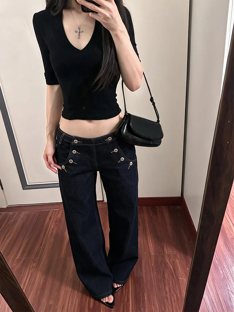 Loose Fit High Waist Straight Leg Denim Jeans Women's plus Size Vintage Multi-Button Design Casual Versatile Long Pants