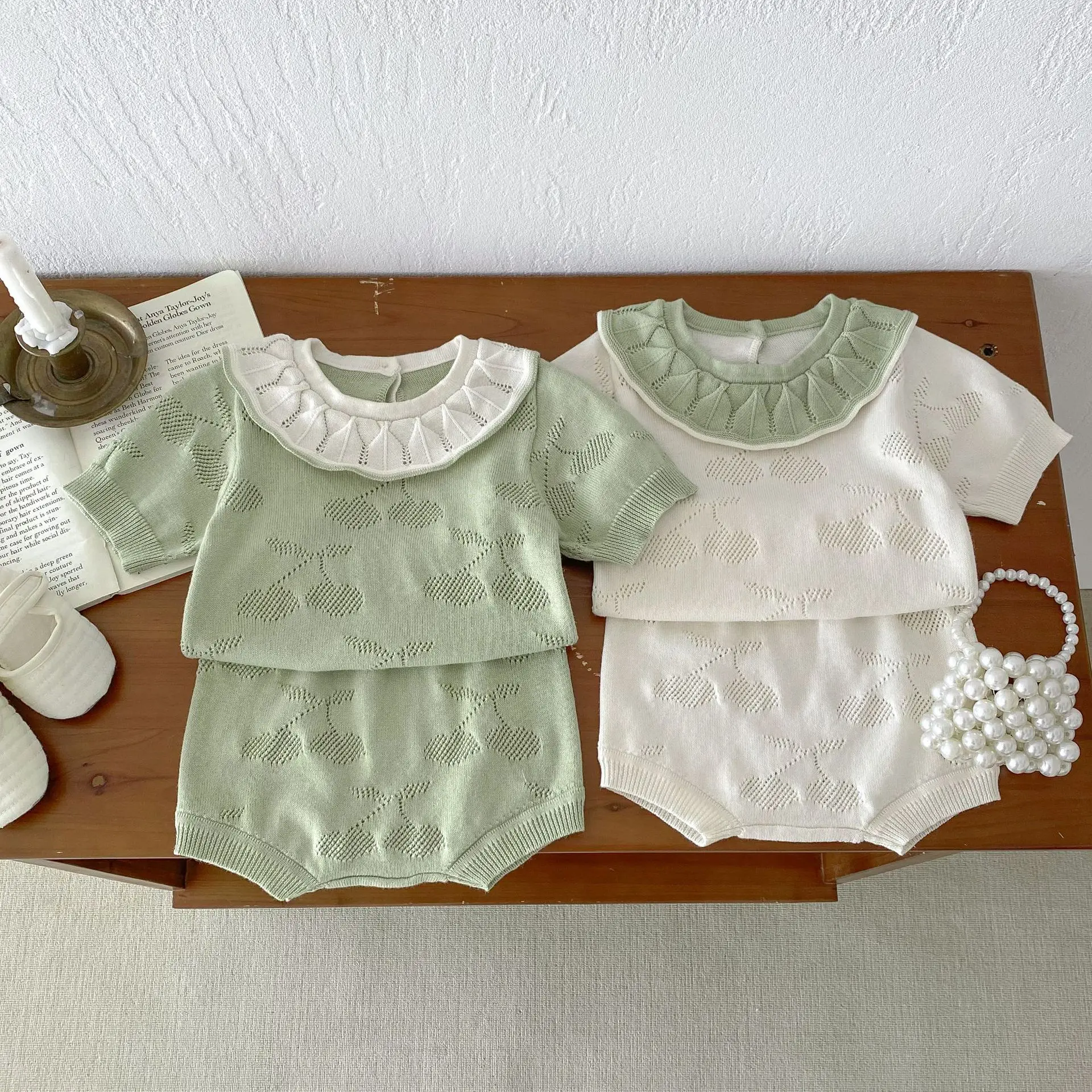 

2024 Summer New Baby Girl Peter Pan Collar Knitted Set Toddler Short Sleeve Tops + Pp Shorts 2pcs Suit Sweet Infant Girl Outfits