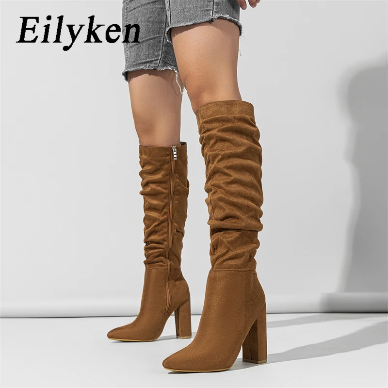 

Eilyken Autumn Winter Pointed Toe Women Knee-High Boots Chunky High Heels Zipper Shoes Long Booties Footwear Size 35-42