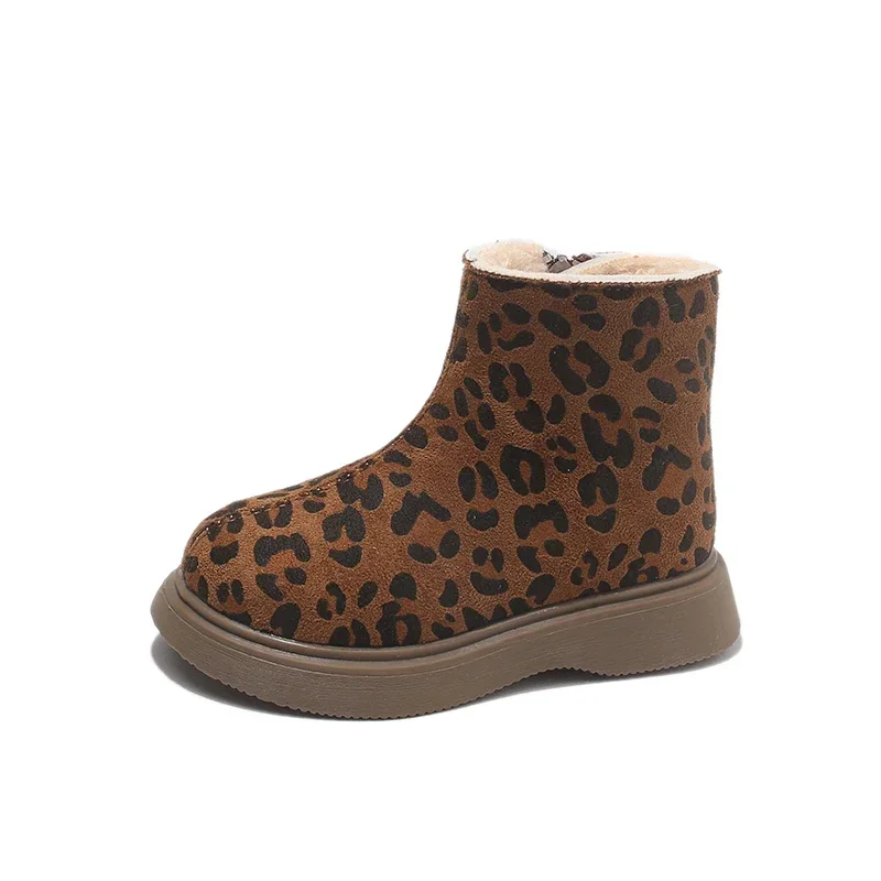 Little Kids Leopard Winter Boots, Faux Suede Plush Lined Inner Zipper Non-Slip Chunky Sole Warm Boots