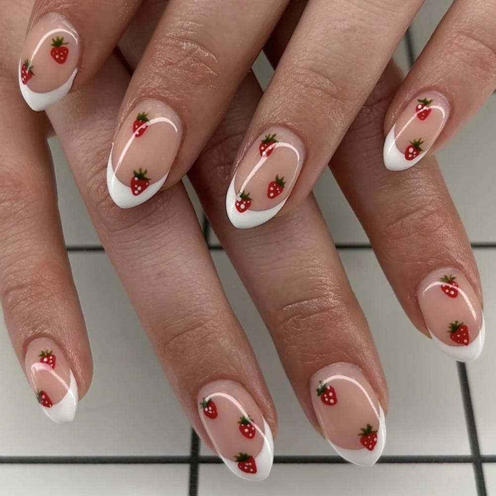 

Lovely Sweet Strawberry Simple White French Nail Art Wearable Almond False Nails Detachable Finished Fake Nails Press on Nails