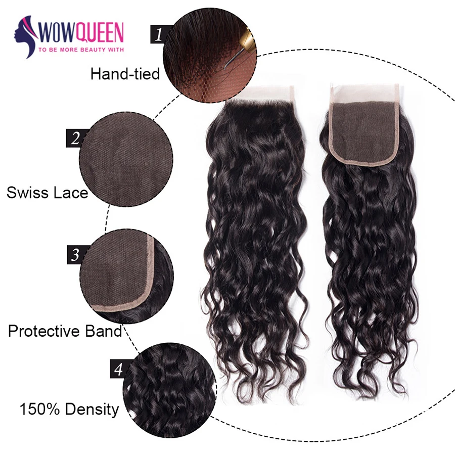 Water Wave 4x4 5x5 Lace Closure Deep Part Transparent Lace Frontal 13x4 13x6 6x6 Remy Human Hair Hand Tied 24 26 Inch WOWQUEEN