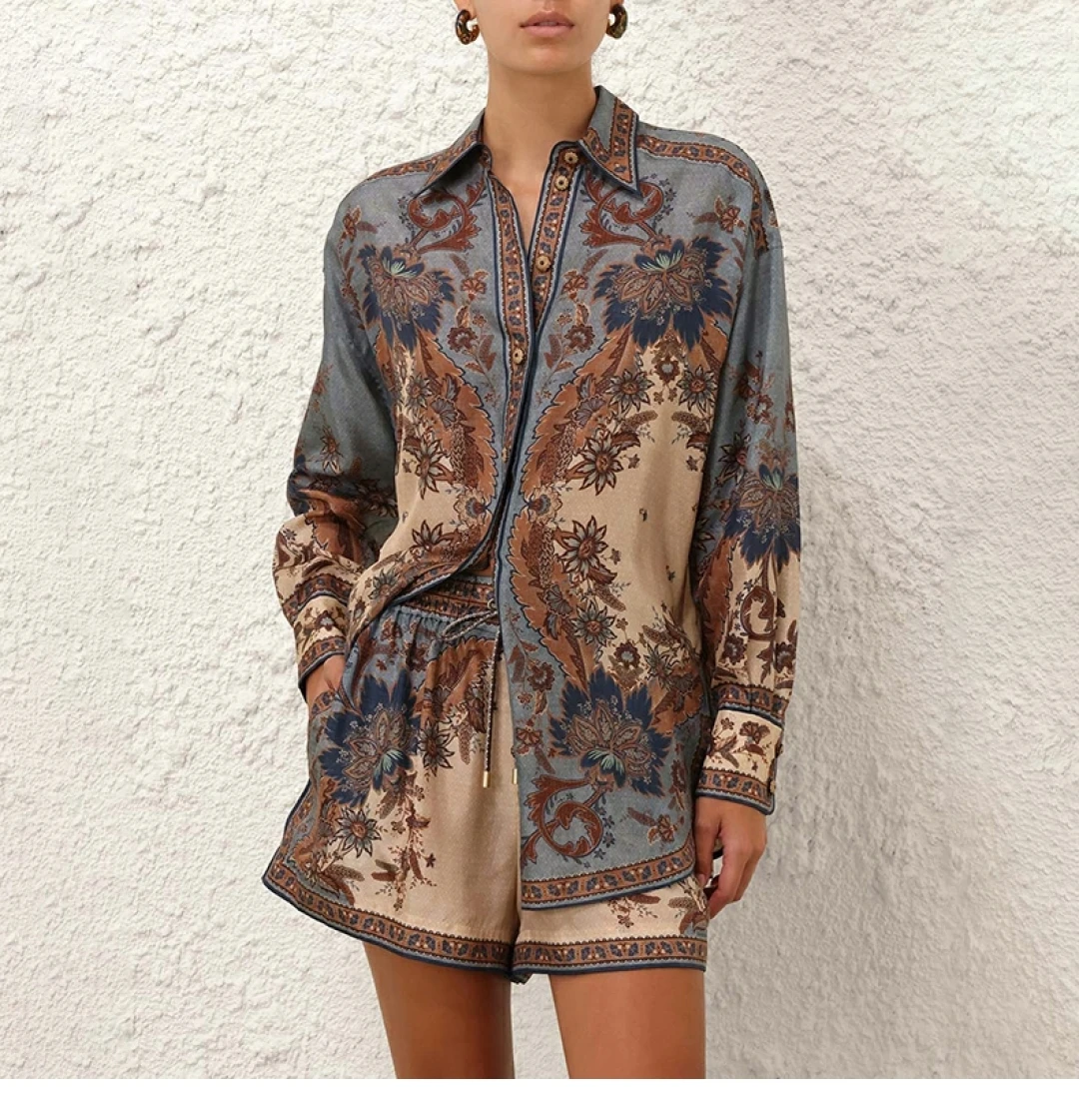 

Latest New 2025 High Quality Silk Floral Print Long Sleeve Blouse Tops and Shorts Outfit Set for Holiday
