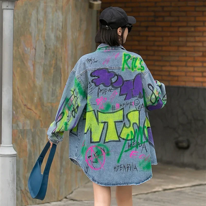 Fashion Letter Graffiti Print Denim Jacket Casual Lapel Long Sleeve Blue Jeans Jacket Spring Autumn Women New Female Streetwear