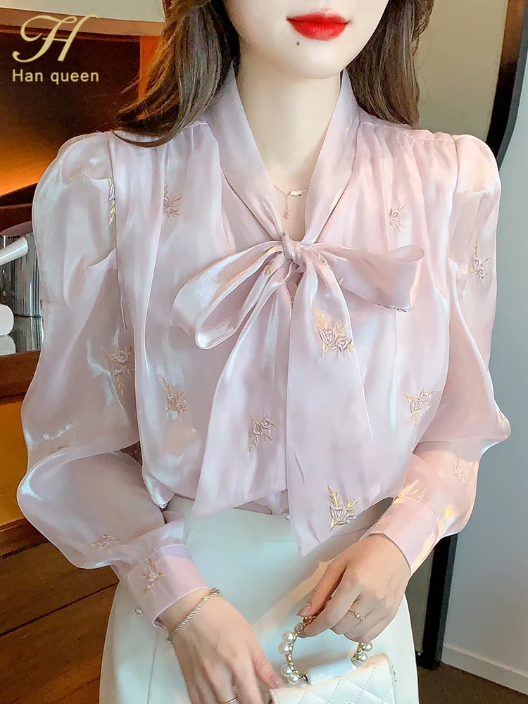 H Han Queen Autumn Puff Sleeve Office Blusas Lace-Up Bow Vintage Embroidery Tops Chiffon Blouses Women Long Sleeve Casual Shirts