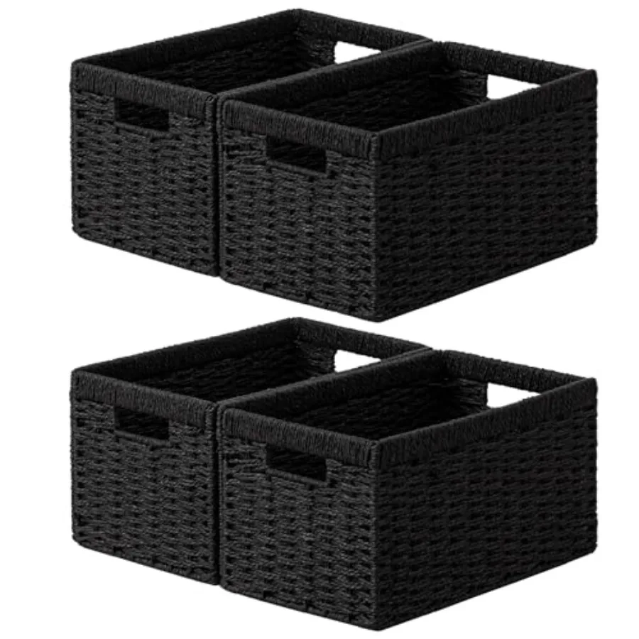 

Wicker Baskets for Shelves, ch Hand-woven Storage Baskets for Pantry Organizg, Foldable Rectangular B with Handles