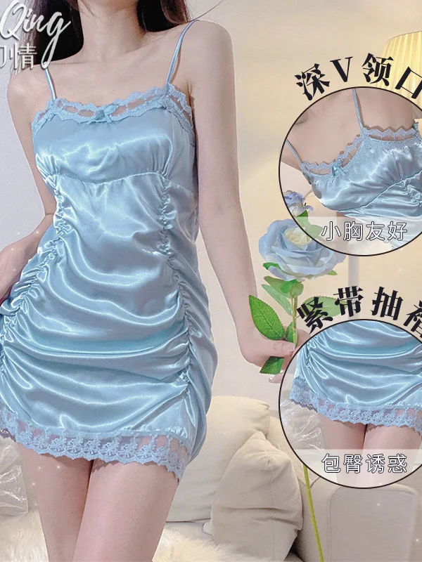 Sexy Kleid Spitze Satin Frauen romantischen Hosenträger blauen Charme reifen süß weich süß sanft Mode Bowknot verstellbare Größe gguk