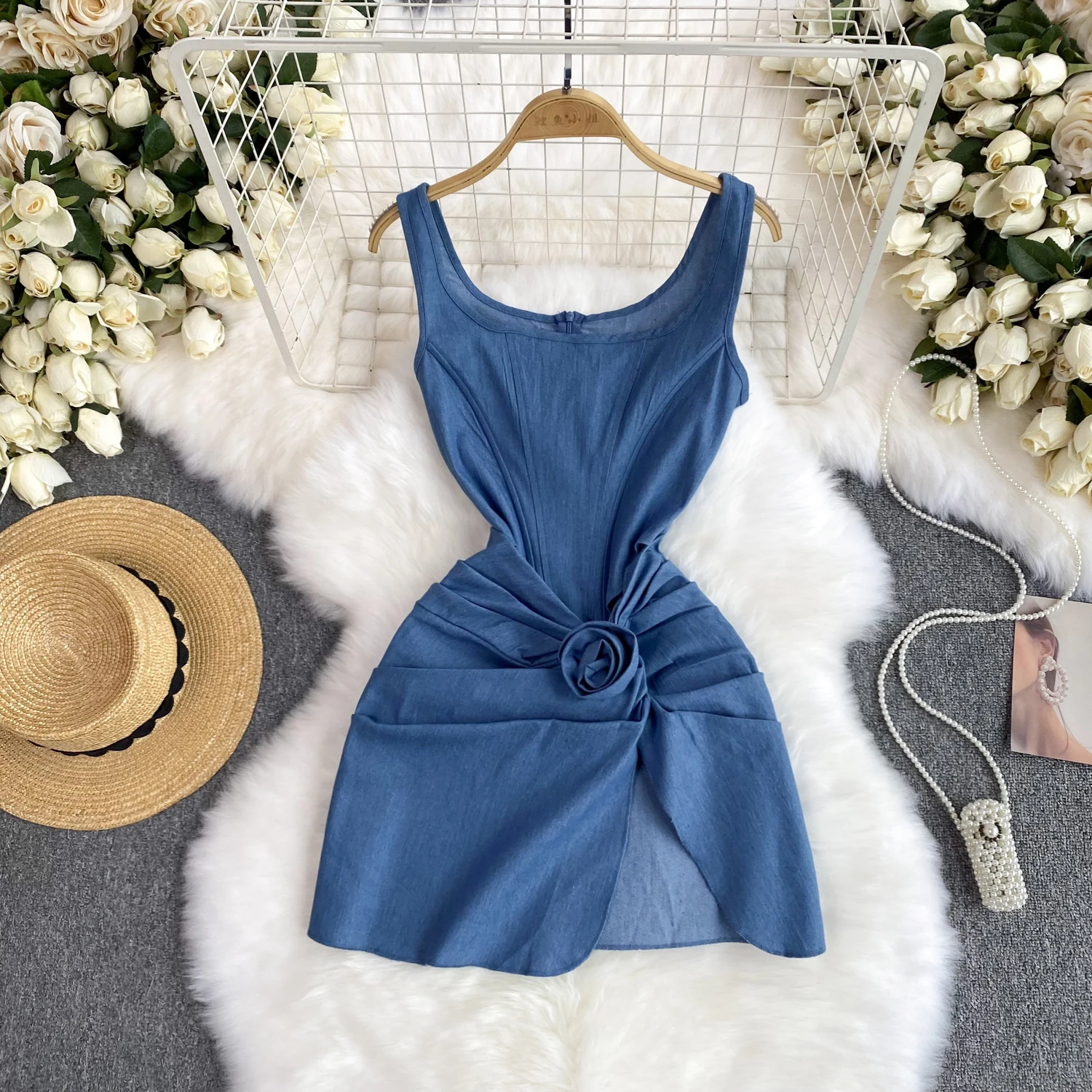 Pleated Flower Decoration Slim Fit Waist Closing Fish Bone Dress Summer New Fashion Street Spicy Girl Short Denim Dresses Women