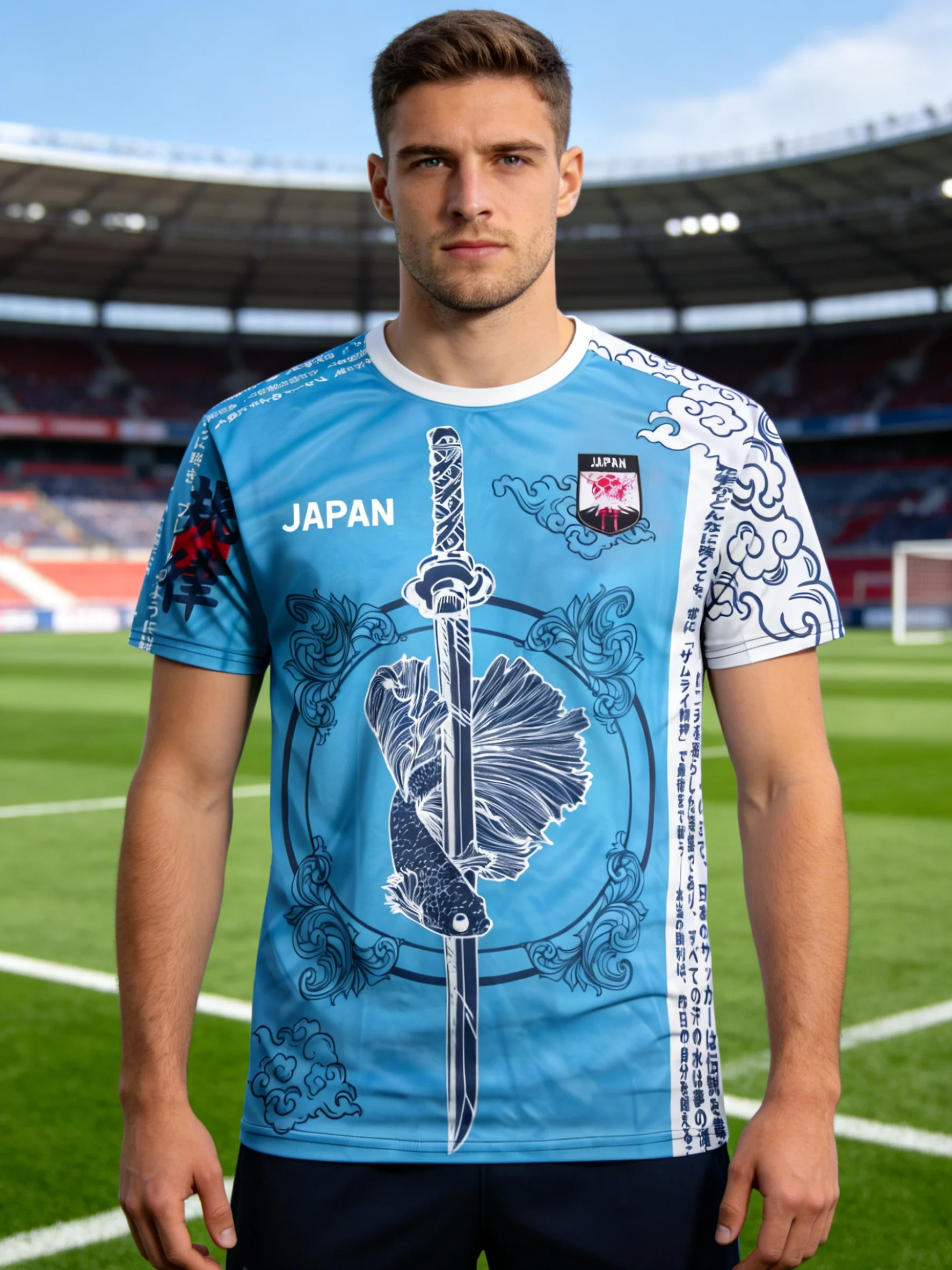 Men's Japanese Samurai and Koi Print T-Shirt – Breathable Crew Neck Short-Sleeve Top – Suitable for Sports and Casual Wear